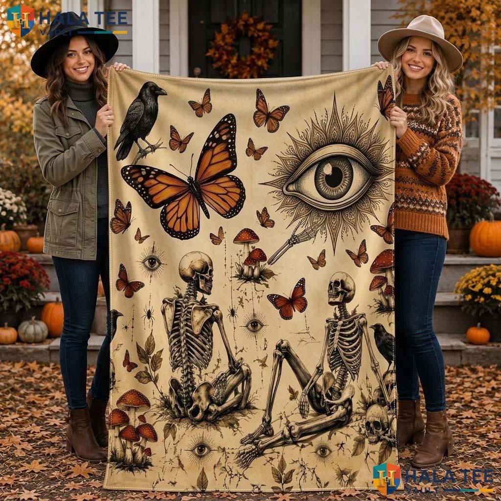 Skeleton Butterfly Halloween Blanket Vintage Spooky Skull Mushroom