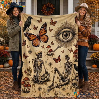 Skeleton Butterfly Halloween Blanket Vintage Spooky Skull Mushroom