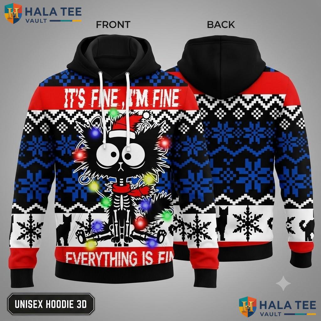 Skeleton Cat Festive Lights Christmas 3D Hoodie Funny Whimsical