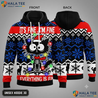 Skeleton Cat Festive Lights Christmas 3D Hoodie Funny Whimsical