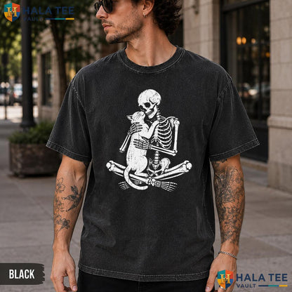 Skeleton Cat Washed T-Shirt Funny Spooky Halloween Costume For Kitty Lover