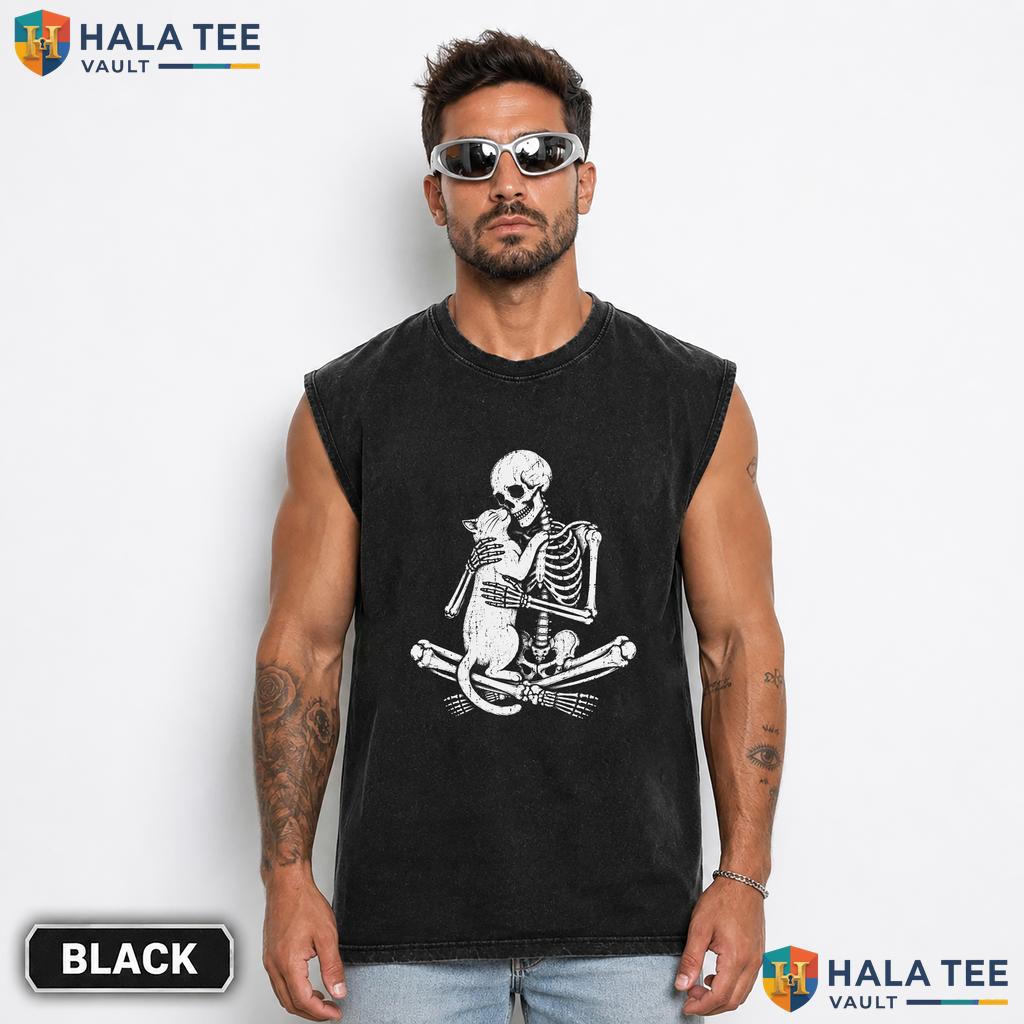 Skeleton Cat Streetwear Washed T-Shirt Funny Spooky Halloween Costume For Kitty Lover