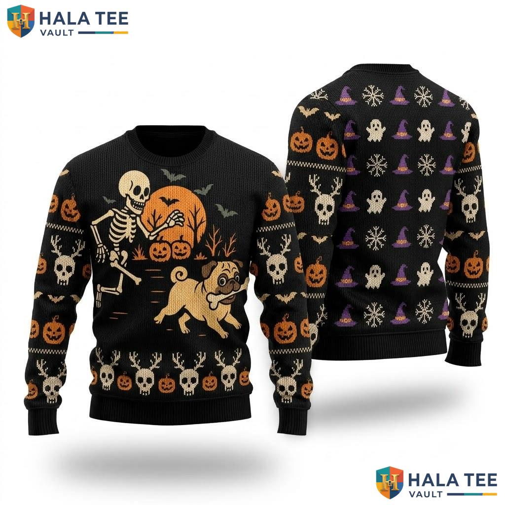 Skeleton Chasing Pug Christmas Sweater Funny Halloween Costume Top