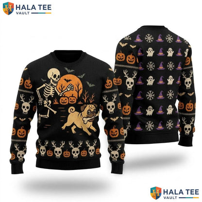 Skeleton Chasing Pug Christmas Sweater Funny Halloween Costume Top