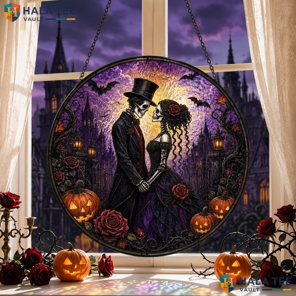 Skeleton Couple Halloween Stained Glass Suncatcher Spooky Romantic Window Art