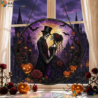 Skeleton Couple Halloween Stained Glass Suncatcher Spooky Romantic Window Art
