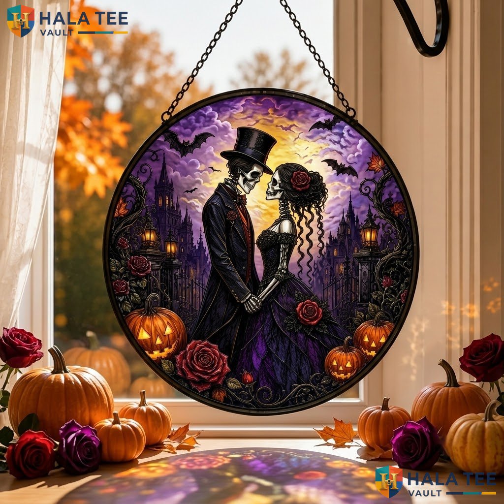 Skeleton Couple Halloween Stained Glass Suncatcher Spooky Romantic Window Art Adult