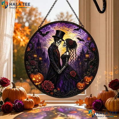 Skeleton Couple Halloween Stained Glass Suncatcher Spooky Romantic Window Art Adult
