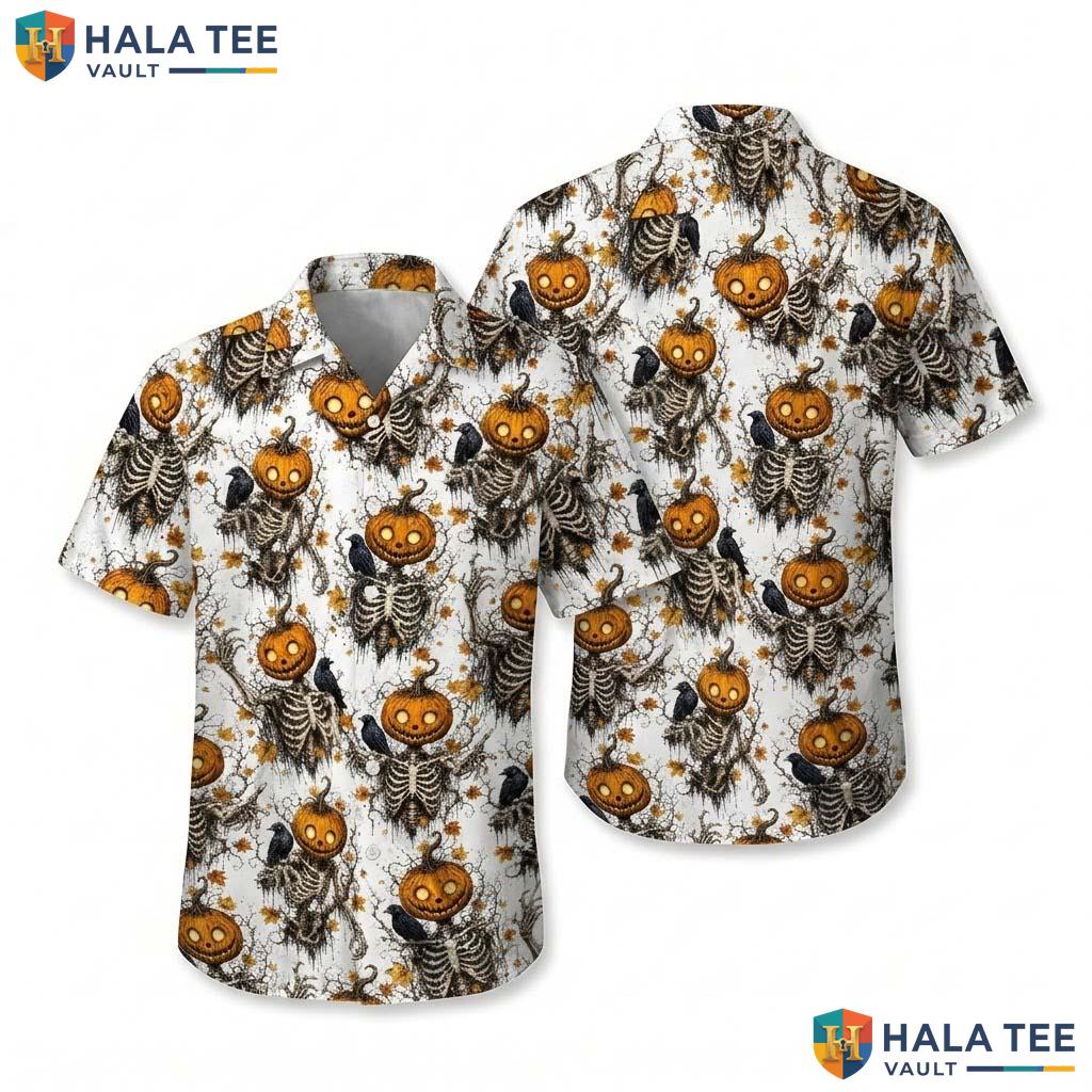Skeleton Crow Halloween Hawaiian Shirt Spooky Gothic Pumpkin Aloha