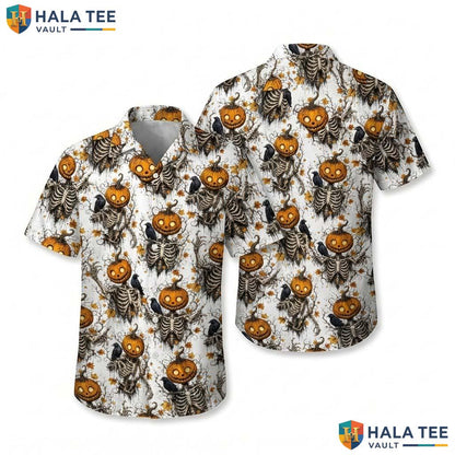 Skeleton Crow Halloween Hawaiian Shirt Spooky Gothic Pumpkin Aloha