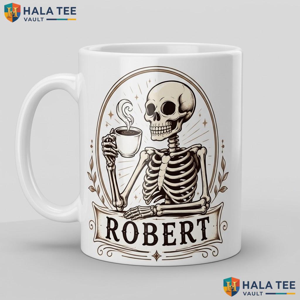 Skeleton Enjoying Halloween Cup Custom Name Spooky Skull Ceramic Coffee Mug