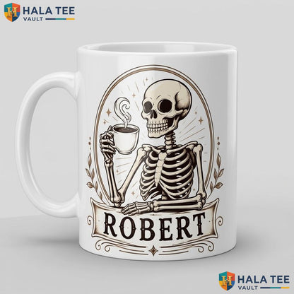 Skeleton Enjoying Halloween Cup Custom Name Spooky Skull Ceramic Coffee Mug