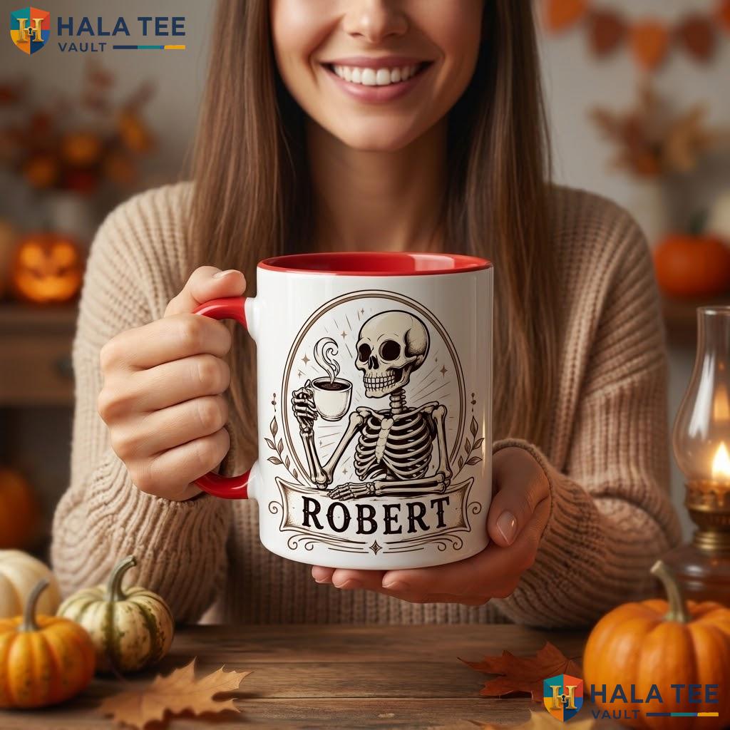 Skeleton Enjoying Halloween Camping Mug Custom Name Spooky Skull Ceramic Coffee Mug