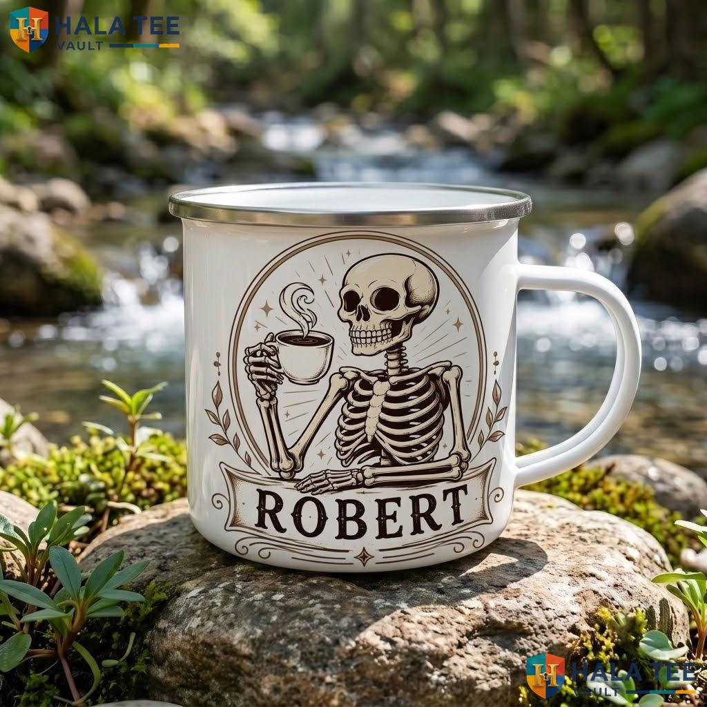 Skeleton Enjoying Halloween Accent Mug Custom Name Spooky Skull Ceramic Coffee Mug