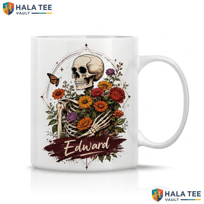 Skeleton Gerbera Halloween Mug Custom Name Skull Custom Ceramic Coffee Cup