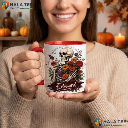 Skeleton Gerbera Halloween Mug Custom Name Skull Custom Ceramic Coffee Camping Mug