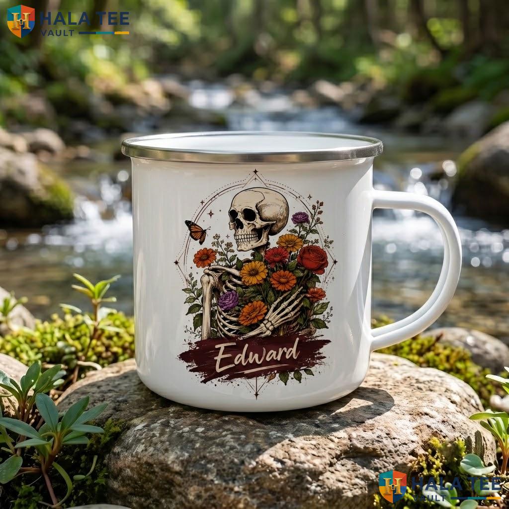 Skeleton Gerbera Halloween Mug Custom Name Skull Custom Ceramic Coffee Accent Mug