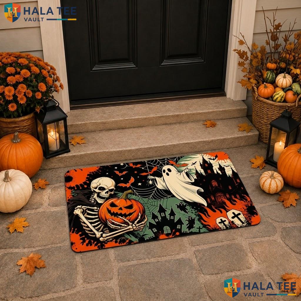 Skeleton Ghost Halloween Doormat Spooky Skull Pumpkin Bat Horror Entry Rug