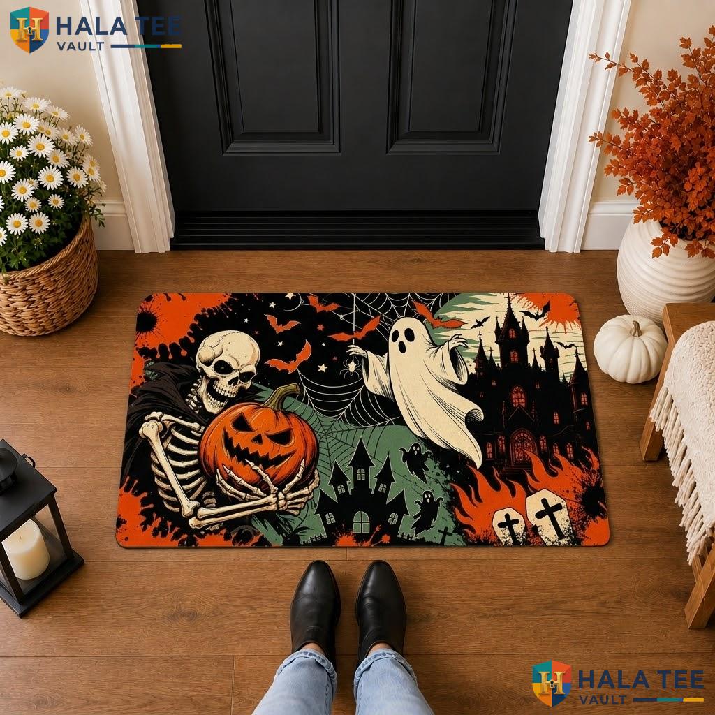 Skeleton Ghost Halloween Front door mat Spooky Skull Pumpkin Bat Horror Entry Rug