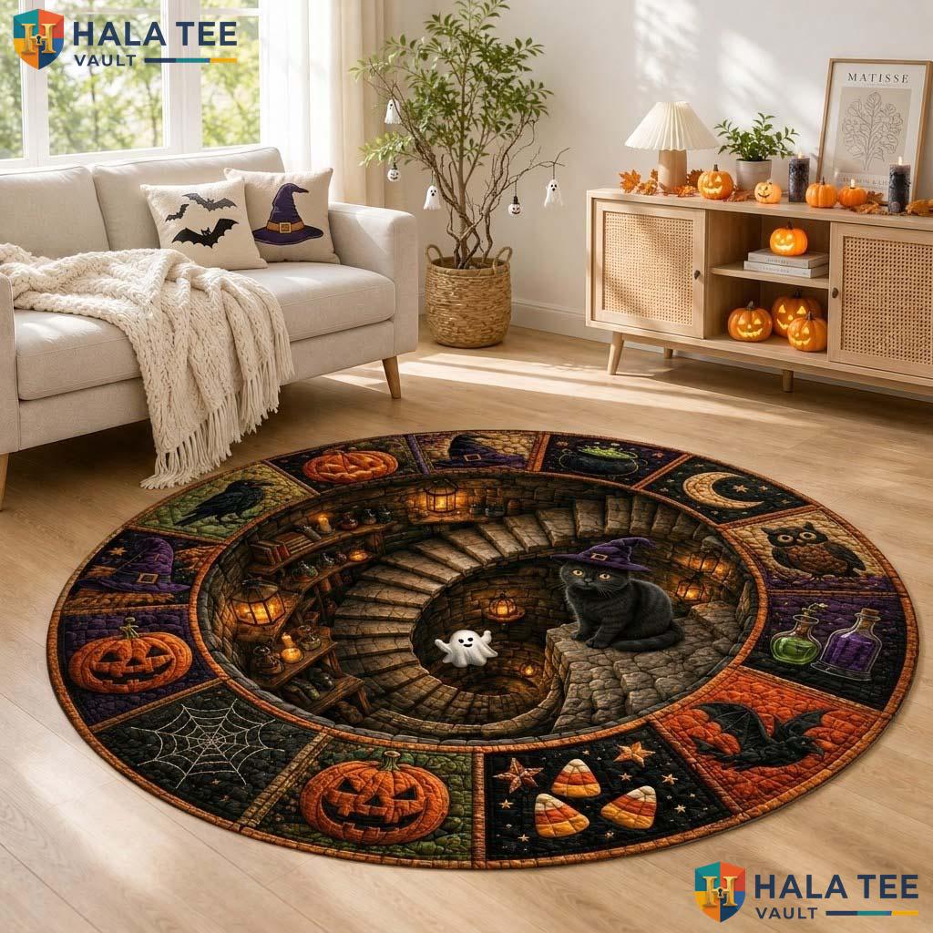 Skeleton Ghost Halloween Round Area Rug 3D Witch Black Cat Pumpkin