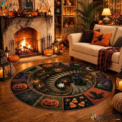 Skeleton Ghost Halloween Round Area Rug 3D Witch Black Cat Pumpkin Adult