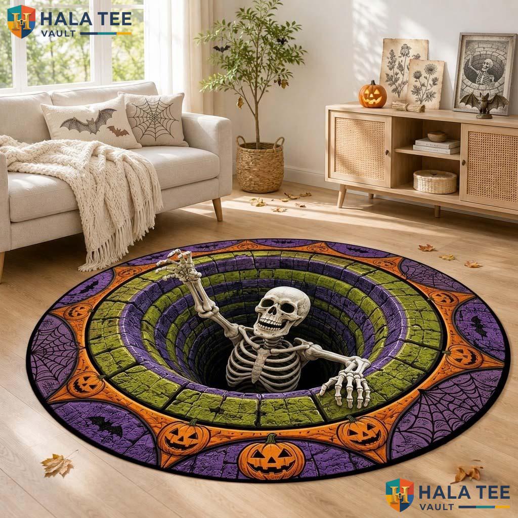 Skeleton Illusion Halloween Round Area Rug 3D Creepy Haunted Decor