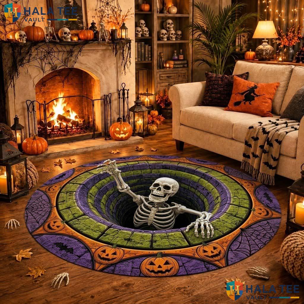 Skeleton Illusion Halloween Round Area Rug 3D Creepy Haunted Decor Adult