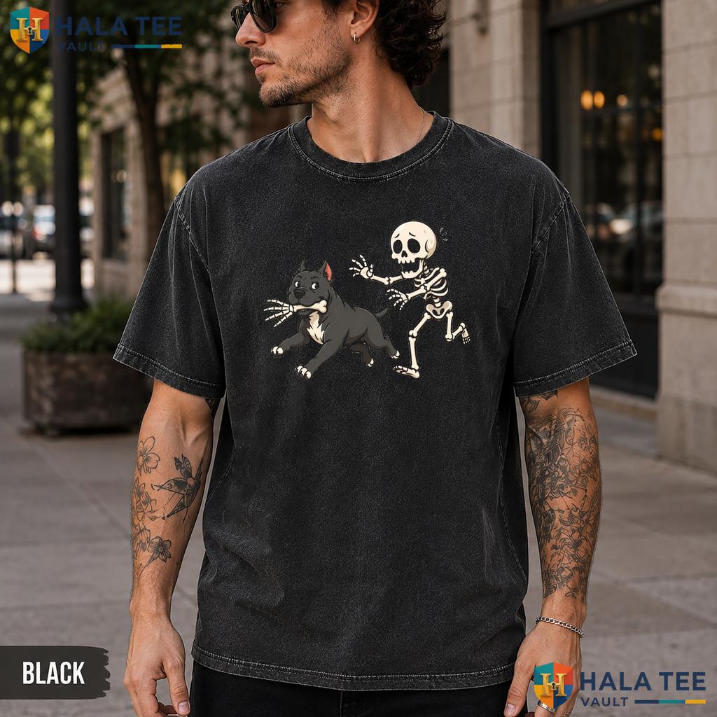 Skeleton Pit Bull Washed T-Shirt Playful Spooky Halloween Dog Graphic Top