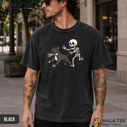 Skeleton Pit Bull Washed T-Shirt Playful Spooky Halloween Dog Graphic Top