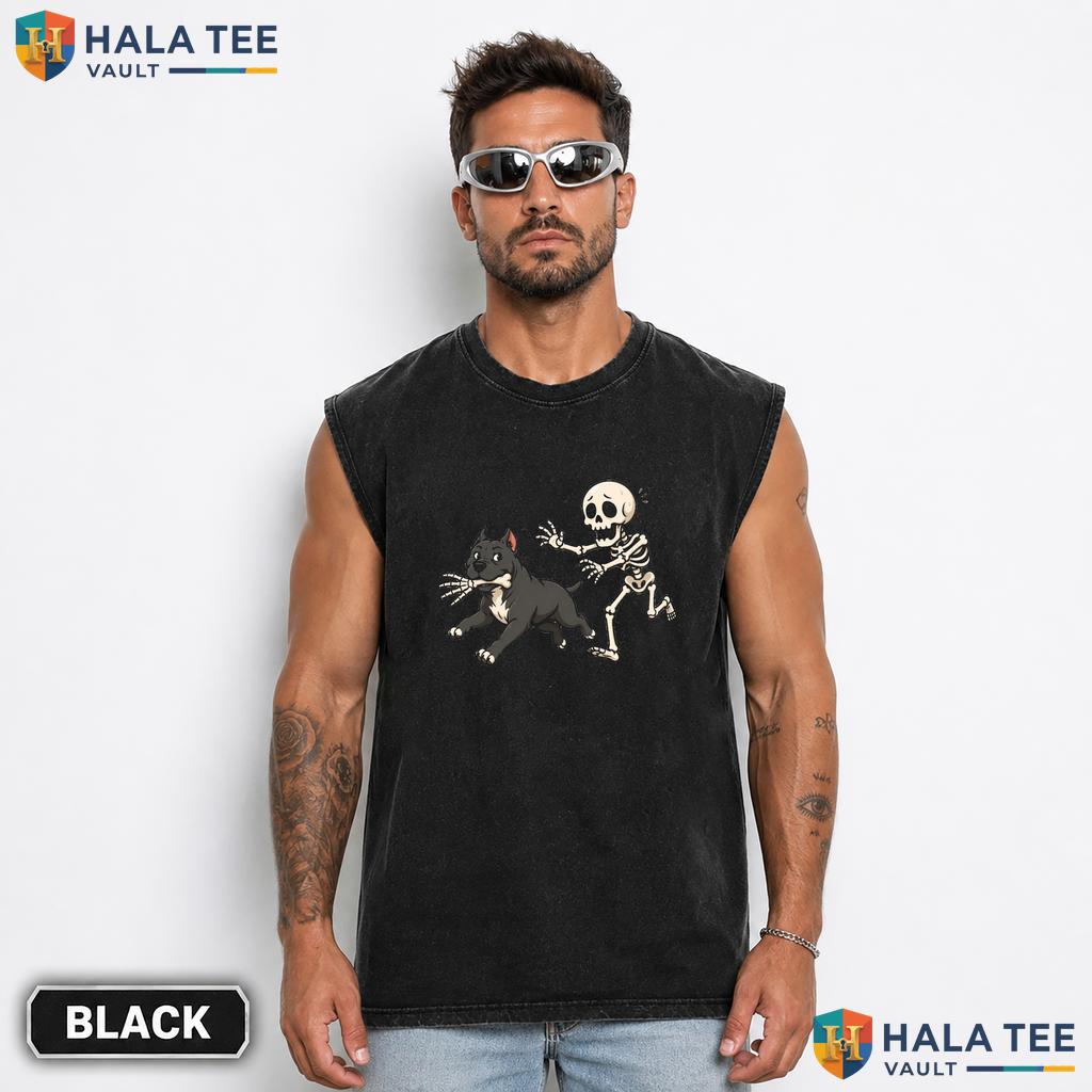 Skeleton Pit Bull Streetwear Washed T-Shirt Playful Spooky Halloween Dog Graphic Top