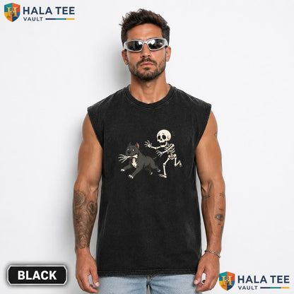 Skeleton Pit Bull Streetwear Washed T-Shirt Playful Spooky Halloween Dog Graphic Top