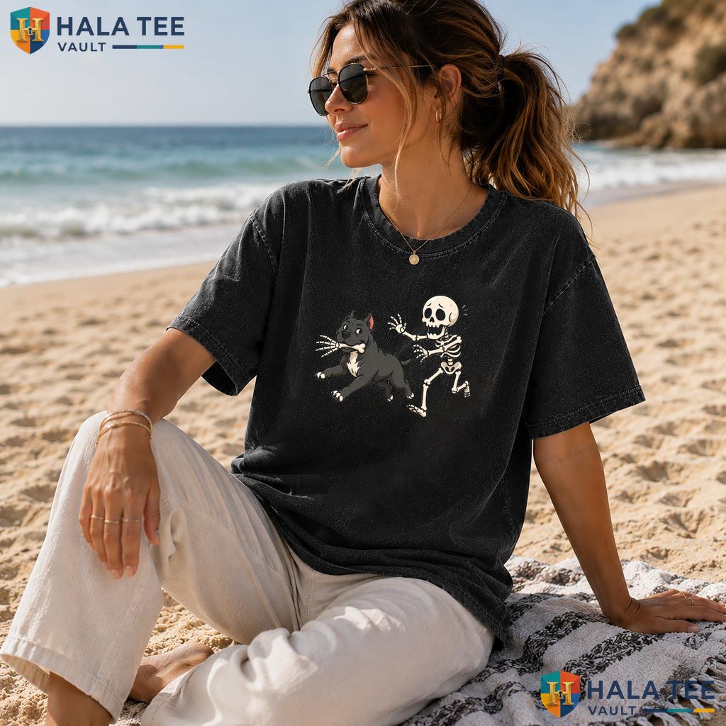 Skeleton Pit Bull Heavyweight Washed Shirt Playful Spooky Halloween Dog Graphic Top