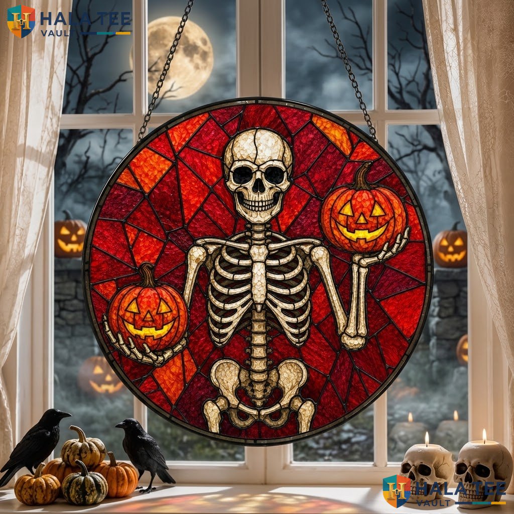 Skeleton Pumpkin Halloween Stained Glass Suncatcher Spooky Garden Window Art