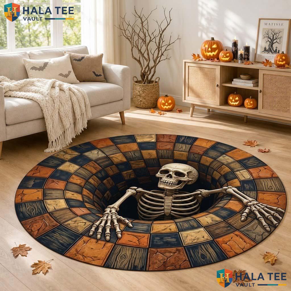 Skeleton Quilt Halloween Round Area Rug 3D Black Orange Vortex Decor