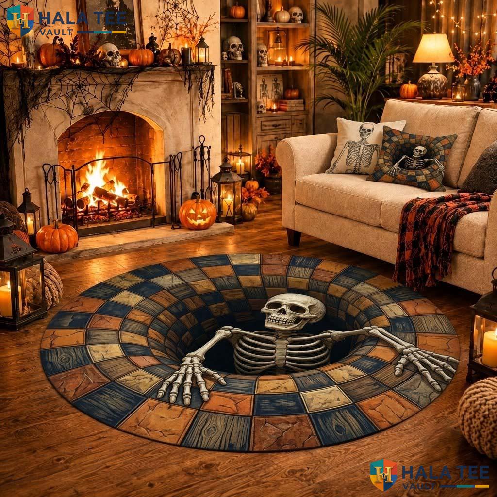 Skeleton Quilt Halloween Round Area Rug 3D Black Orange Vortex Decor Adult