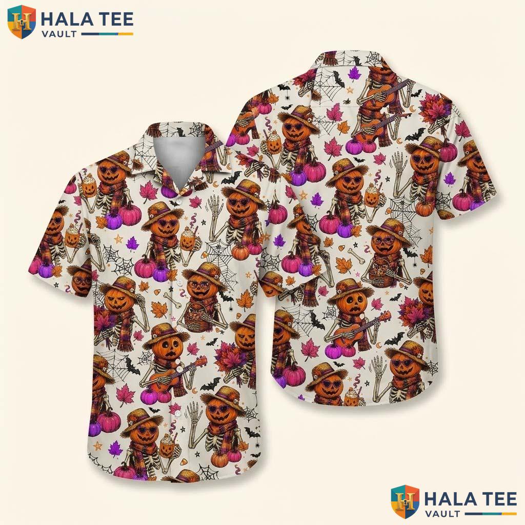 Skeleton Ribcage Halloween Hawaiian Shirt Vintage Pumpkin Leaves Top