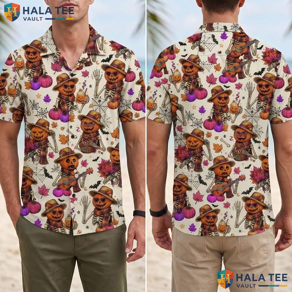 Skeleton Ribcage Halloween Hawaiian Shirt Vintage Pumpkin Leaves Top Adult