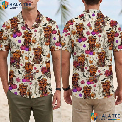 Skeleton Ribcage Halloween Hawaiian Shirt Vintage Pumpkin Leaves Top Adult