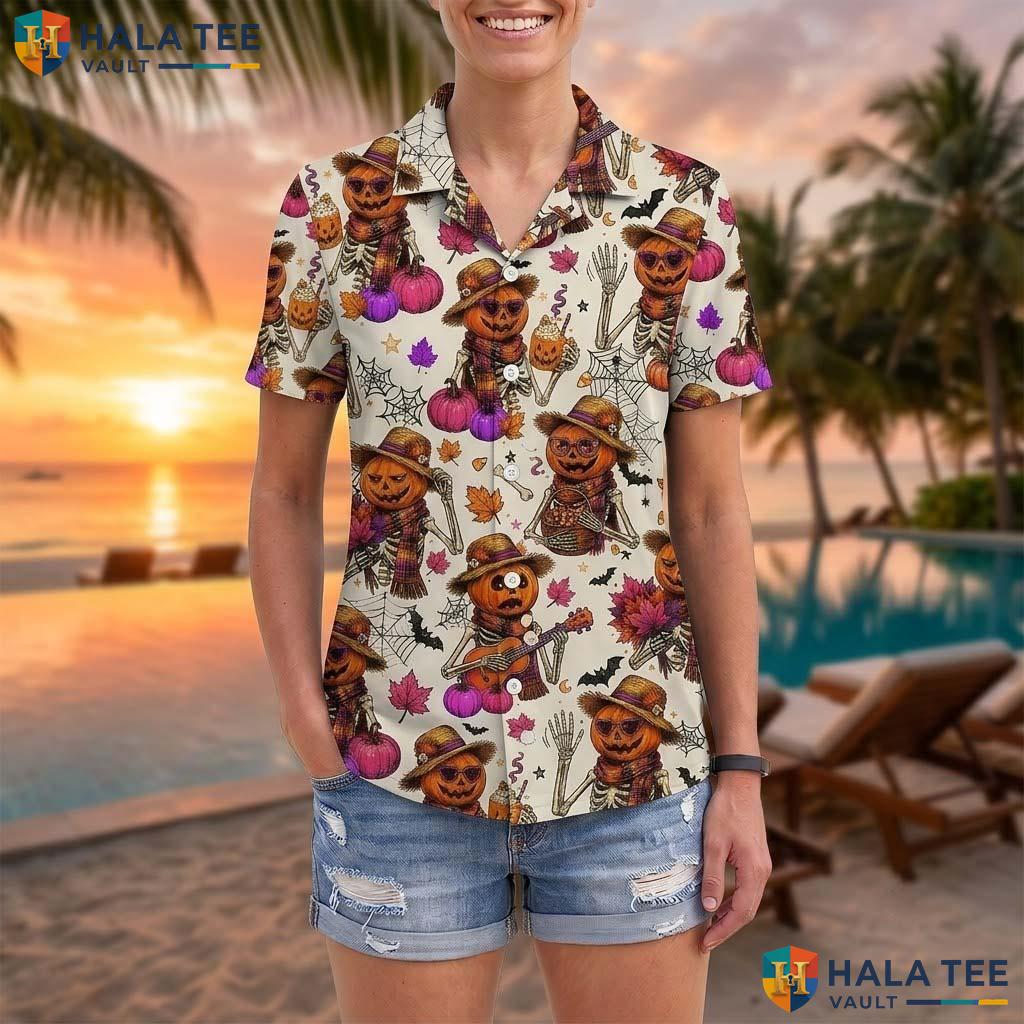 Skeleton Ribcage Halloween Hawaiian Shirt Vintage Pumpkin Leaves Top Adult