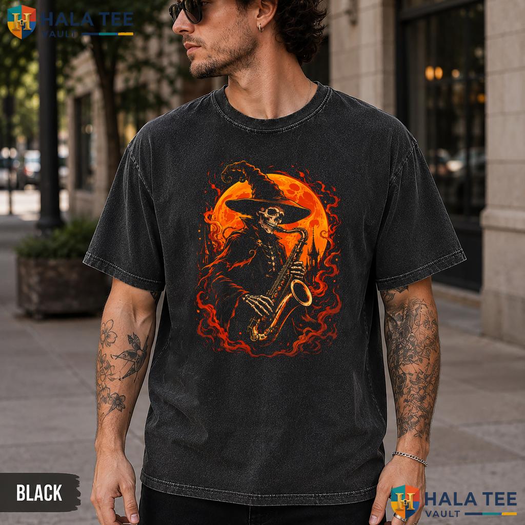Skeleton Saxophone Washed T-Shirt Spooky Halloween Music Lover Casual Top