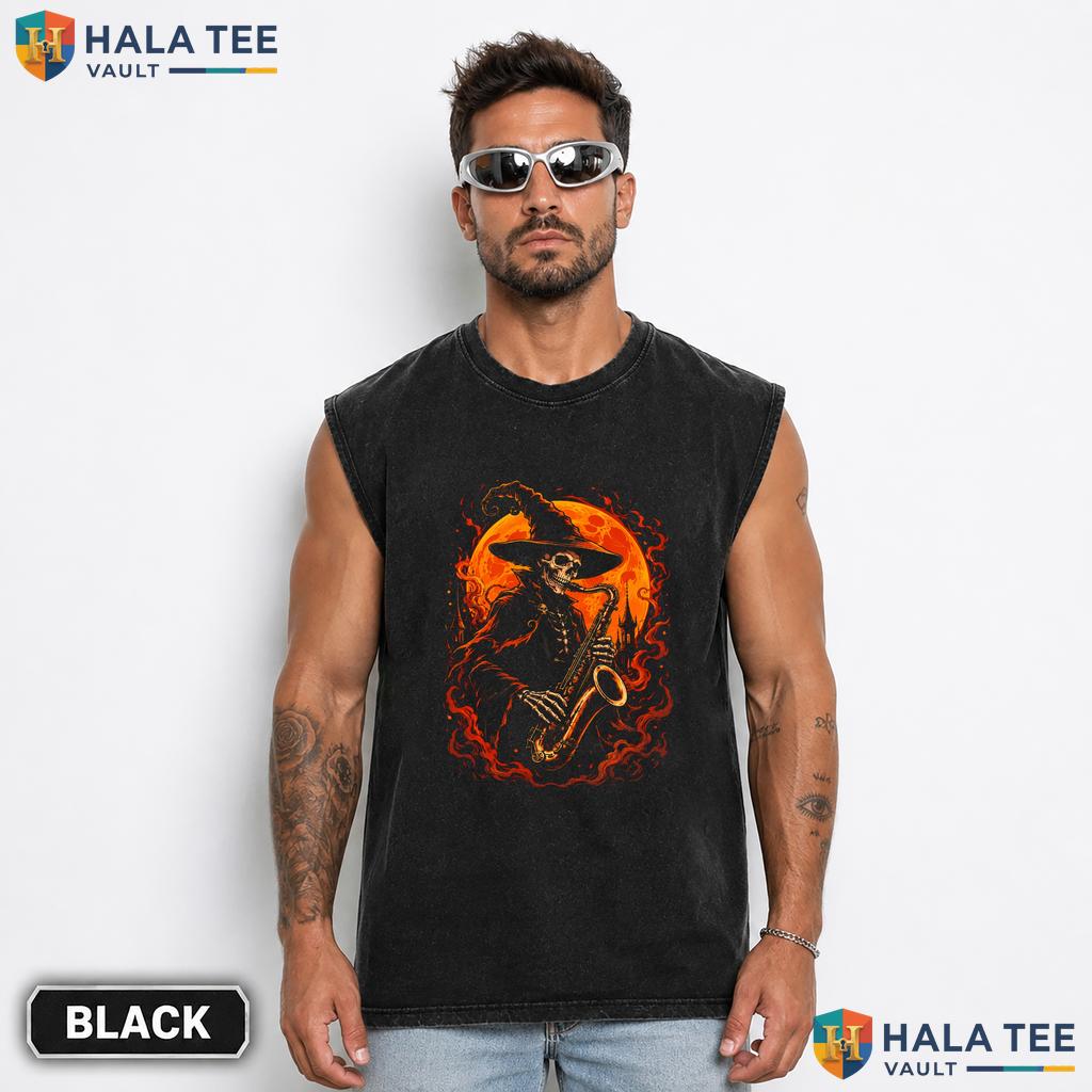 Skeleton Saxophone Streetwear Washed T-Shirt Spooky Halloween Music Lover Casual Top