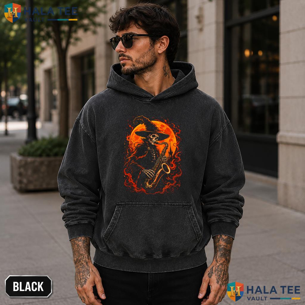Skeleton Saxophone Acid Washed T-Shirt Spooky Halloween Music Lover Casual Top