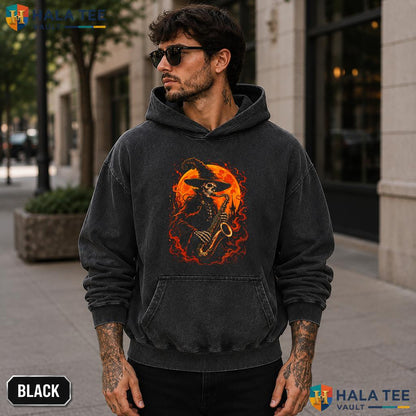 Skeleton Saxophone Acid Washed T-Shirt Spooky Halloween Music Lover Casual Top