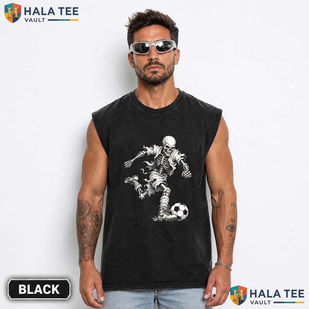 Skeleton Soccer Streetwear Washed T-Shirt Playful Halloween Graphic Lover Apparel