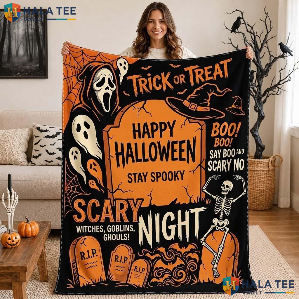 Skeleton Tombstone Halloween Blanket Spooky Ghost Witch Cozy Throw
