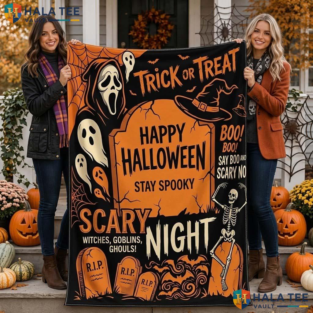 Skeleton Tombstone Halloween Blanket Spooky Ghost Witch Cozy Throw