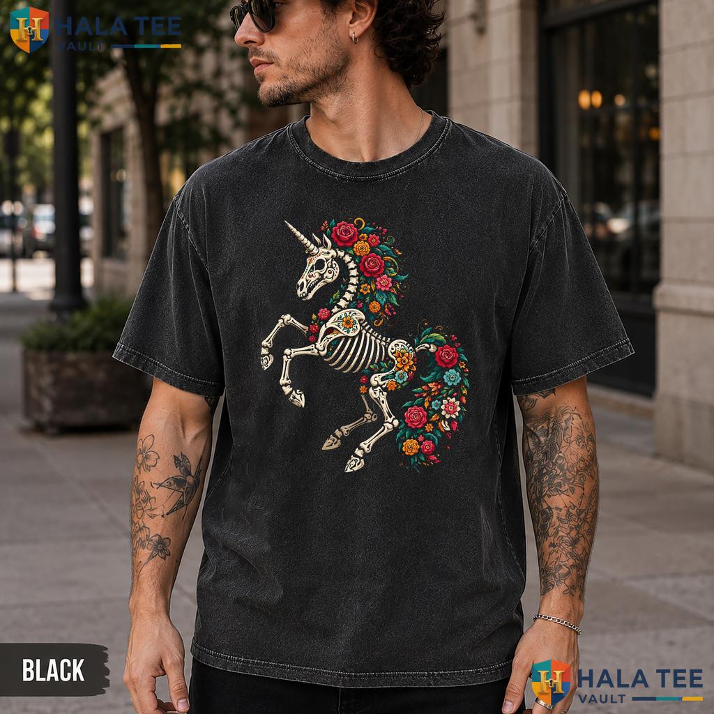 Skeleton Unicorn Washed T-Shirt Vintage Dia De Los Muertos Halloween Top