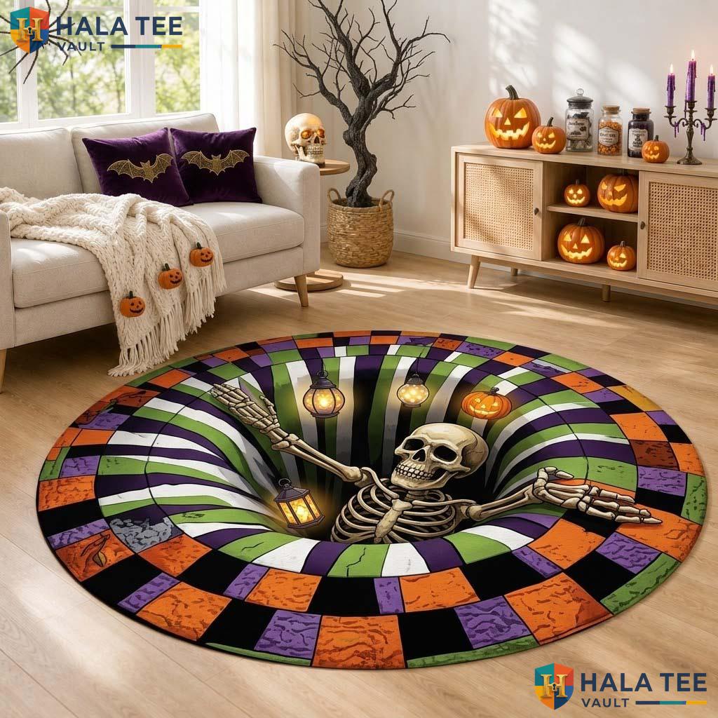 Skeleton Vortex Halloween Round Area Rug 3D Spooky Optical Illusion