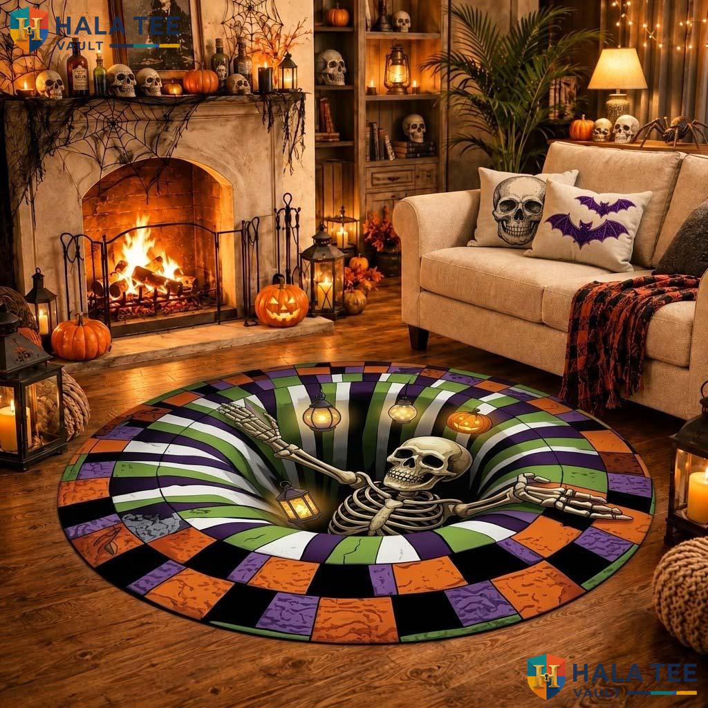 Skeleton Vortex Halloween Round Area Rug 3D Spooky Optical Illusion Adult