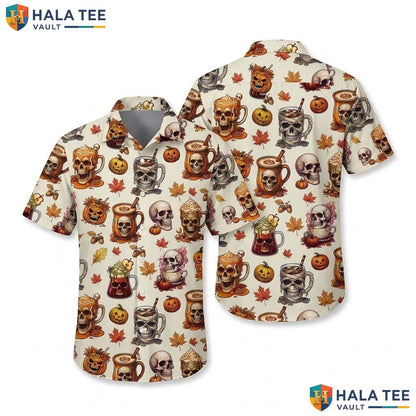 Skull Coffee Halloween Hawaiian Shirt Pumpkin Spice Latte Aloha Top